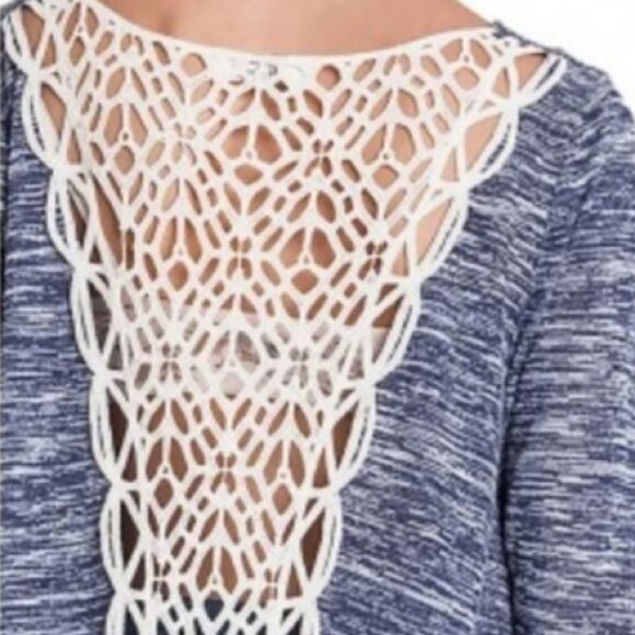 Umgee Peppered‎ Knit Swing Top Indigo Blue Size Medium Heathered Crochet Sweater - Picture 8 of 8